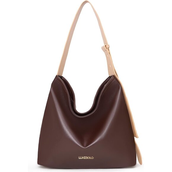 Women's Dark Brown Tote Hobo Vegan Leather Shoulder Strap Zippered Pocket bag - Picture 1 of 5